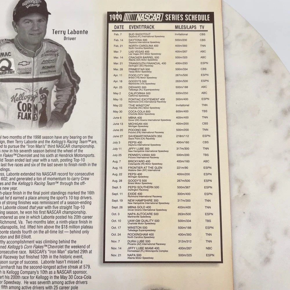 1999 Terry Labonte Nascar Series Schedule